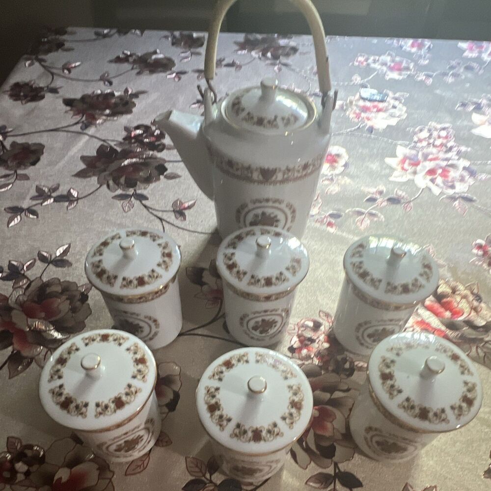 Tatung Porcelain Tea Set White Floral Gold Trim Teapot w/ Lid & 6 Canisters
